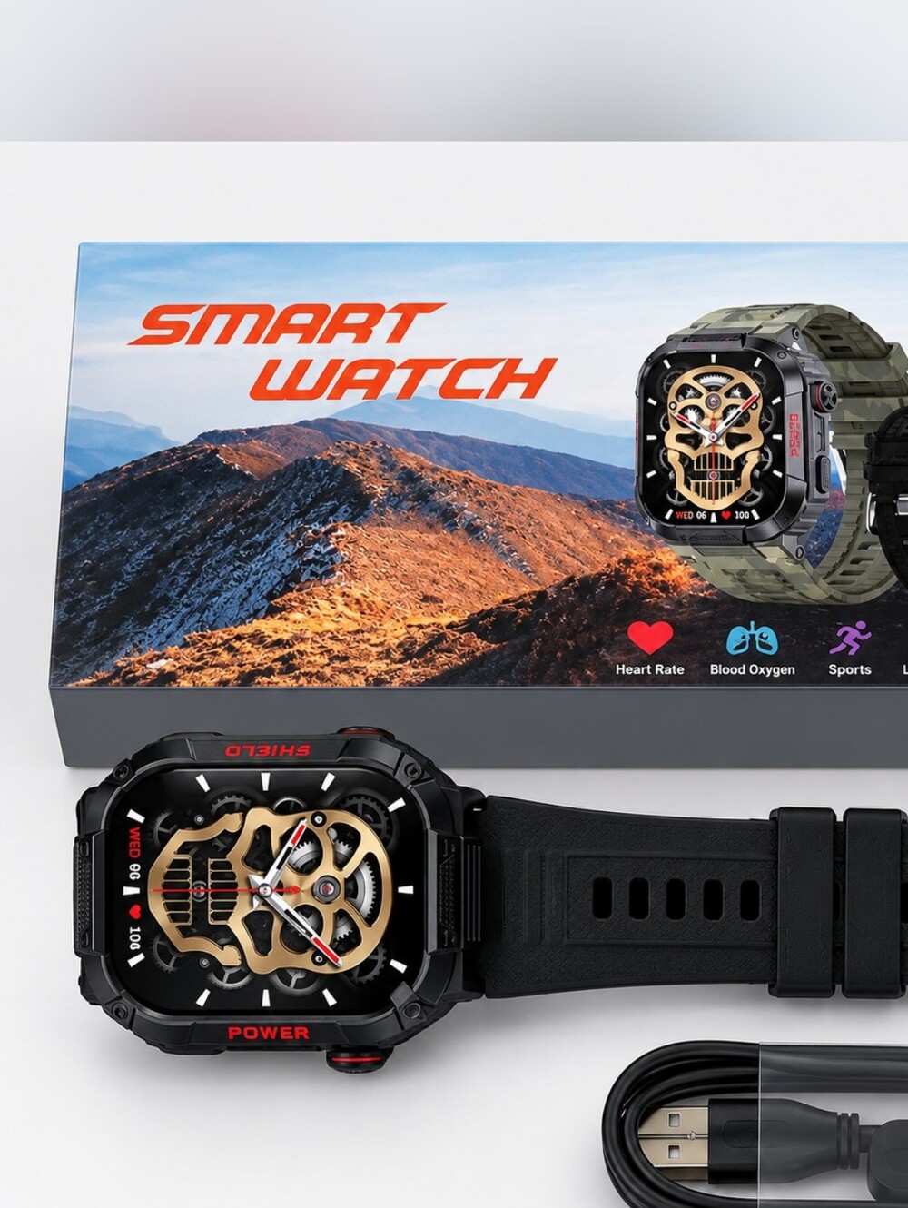 Black Smartwatch with Gold Dial - Fitness & Heart Rate Tracker